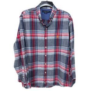 US Polo Assn. Men's Button Down Shirt Sz XL Blue Gray Red Plaid Long Sleeve